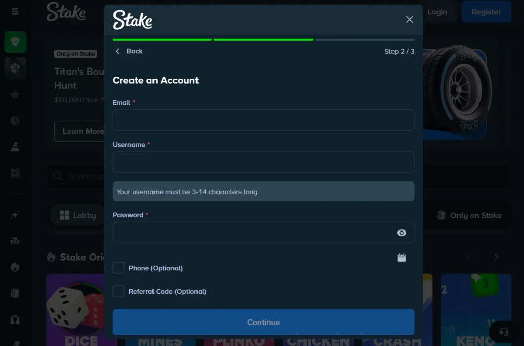Sign-Up Page on Stake Casino